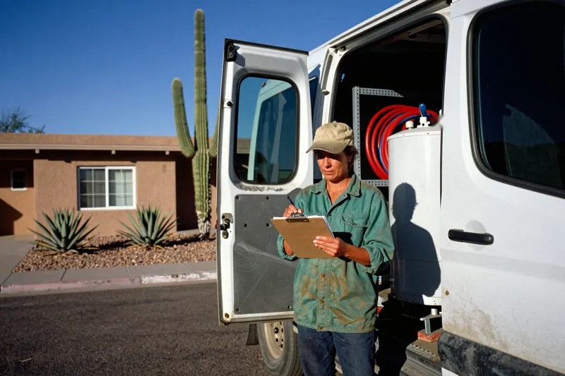 A woman plumber in a tan cap and a dirt-streaked green work shirt writes on a clipboard at the open back of a plain white work van in low afternoon sun. Coiled red and blue tubing and a water heater stand inside the van, with a saguaro, agave and a stucco house behind her.